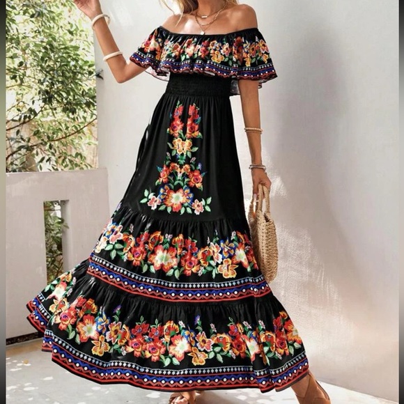 Black Boho Off Shoulder Print Dress PLUS
